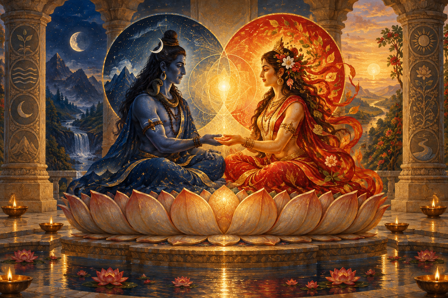 Two equal luminous figures face each other on a lotus platform as blue and gold-red light overlap between them.