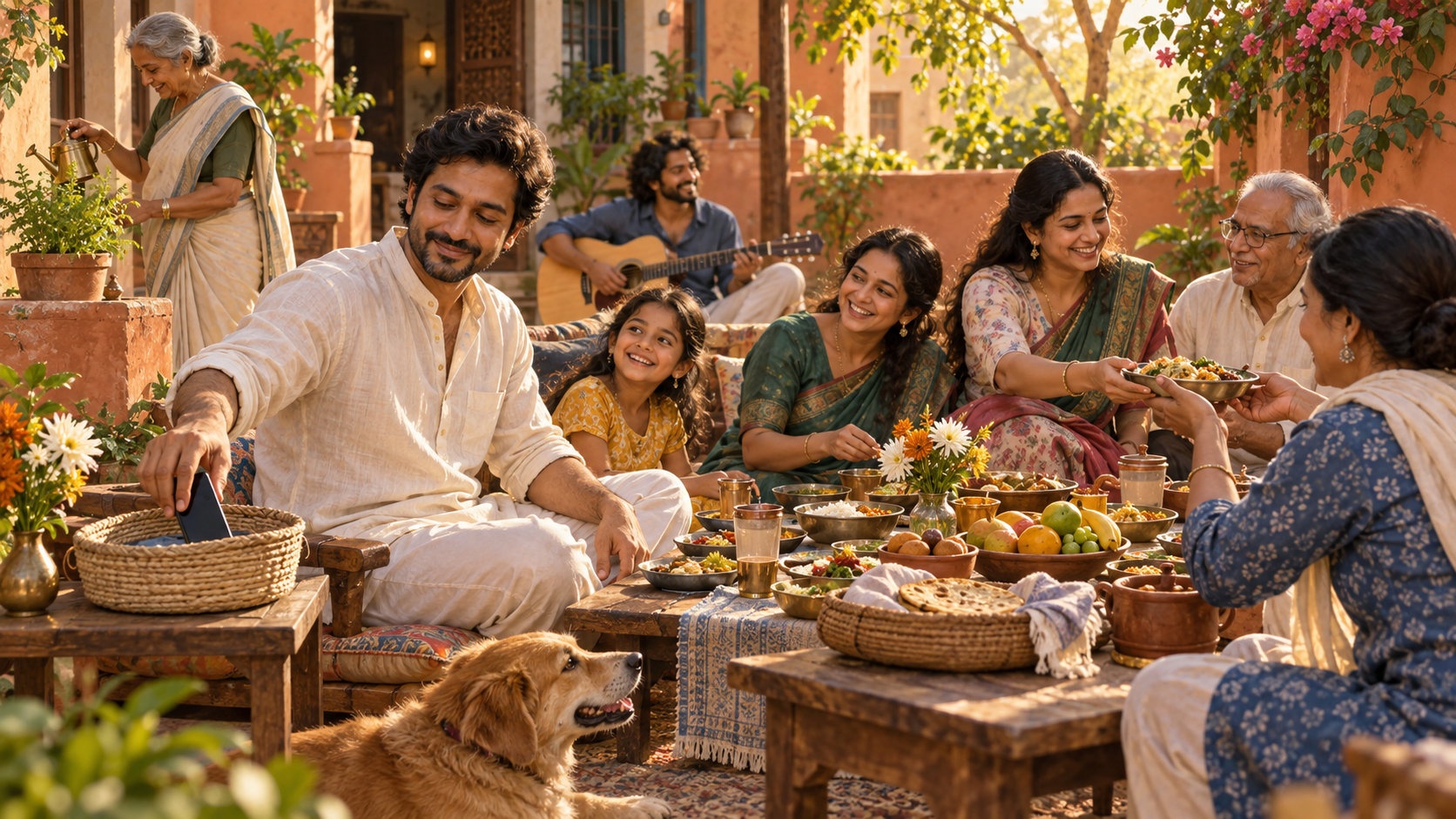 People share a meal and care for one another in a sunlit courtyard while a smartphone rests in a small woven basket nearby.