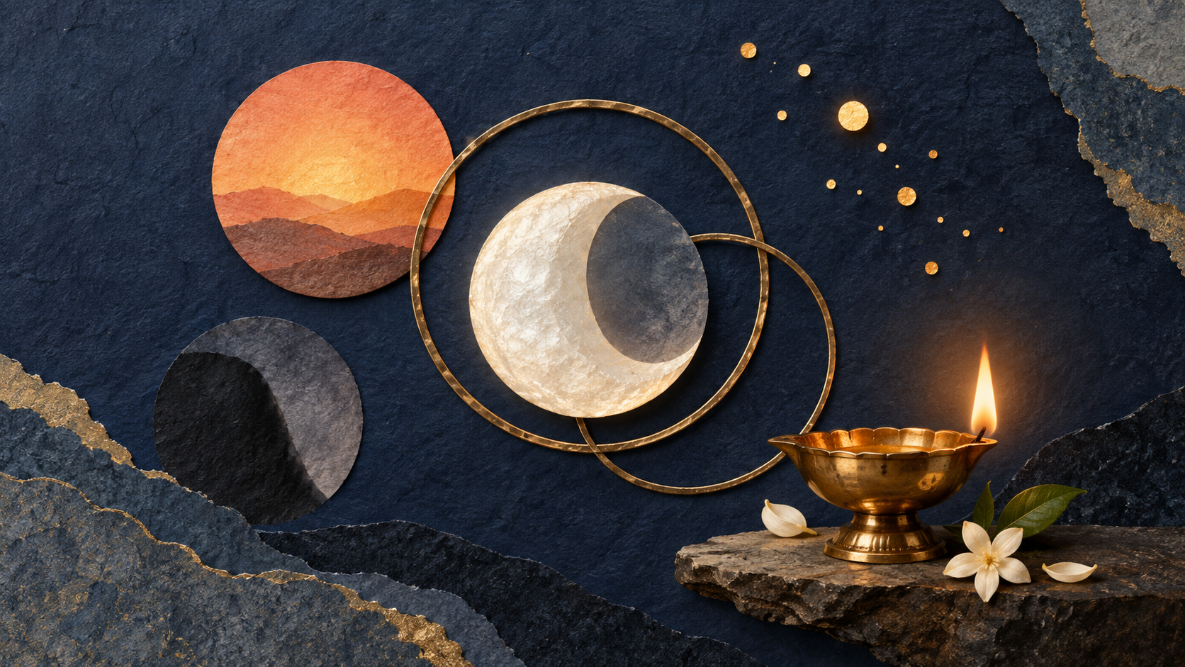 A waxing-moon token is surrounded by a sun disk, gold points, brass rings, a shadow marker, and a ritual lamp.