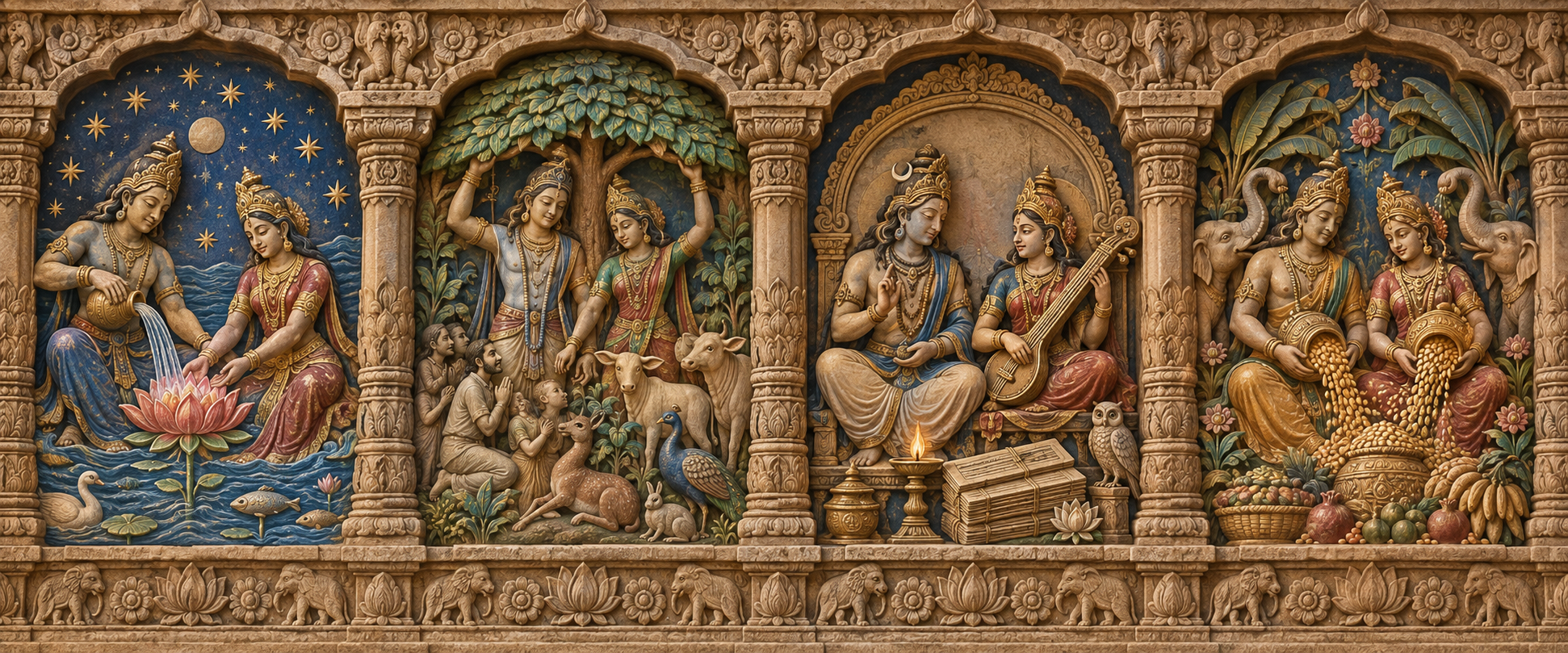 Four carved temple niches show divine pairs associated with creation, protection, knowledge, and abundance through different symbolic objects and settings.