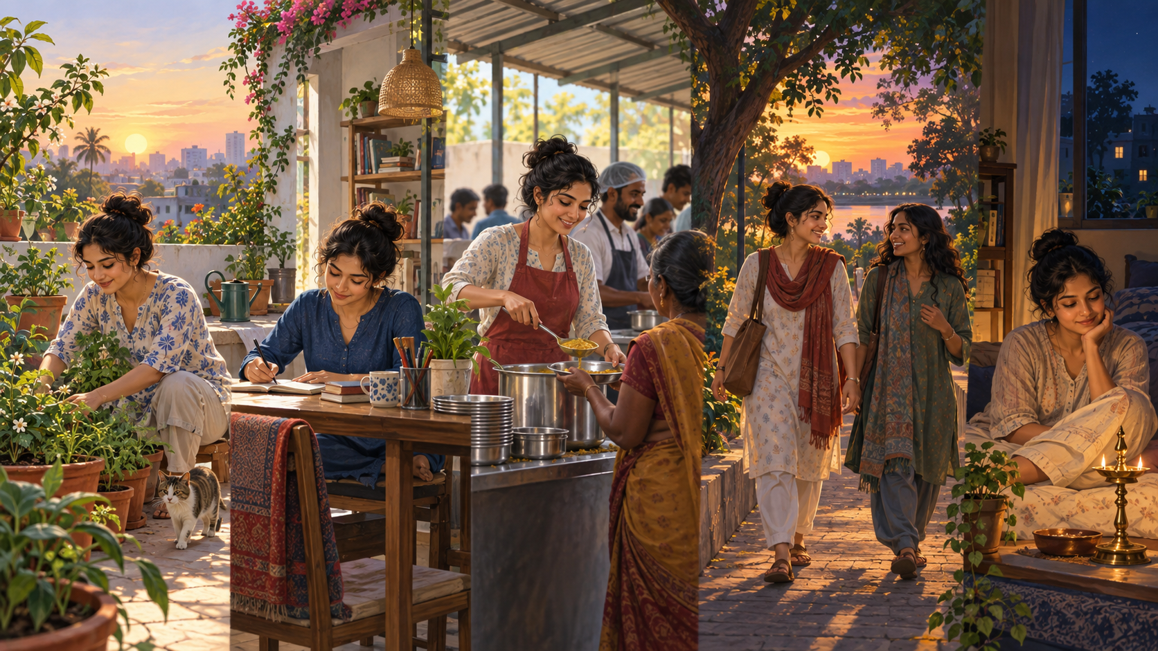 A flowing panorama shows one person gardening, working, serving food, walking with a friend, and sitting quietly by an oil lamp over the course of a day.
