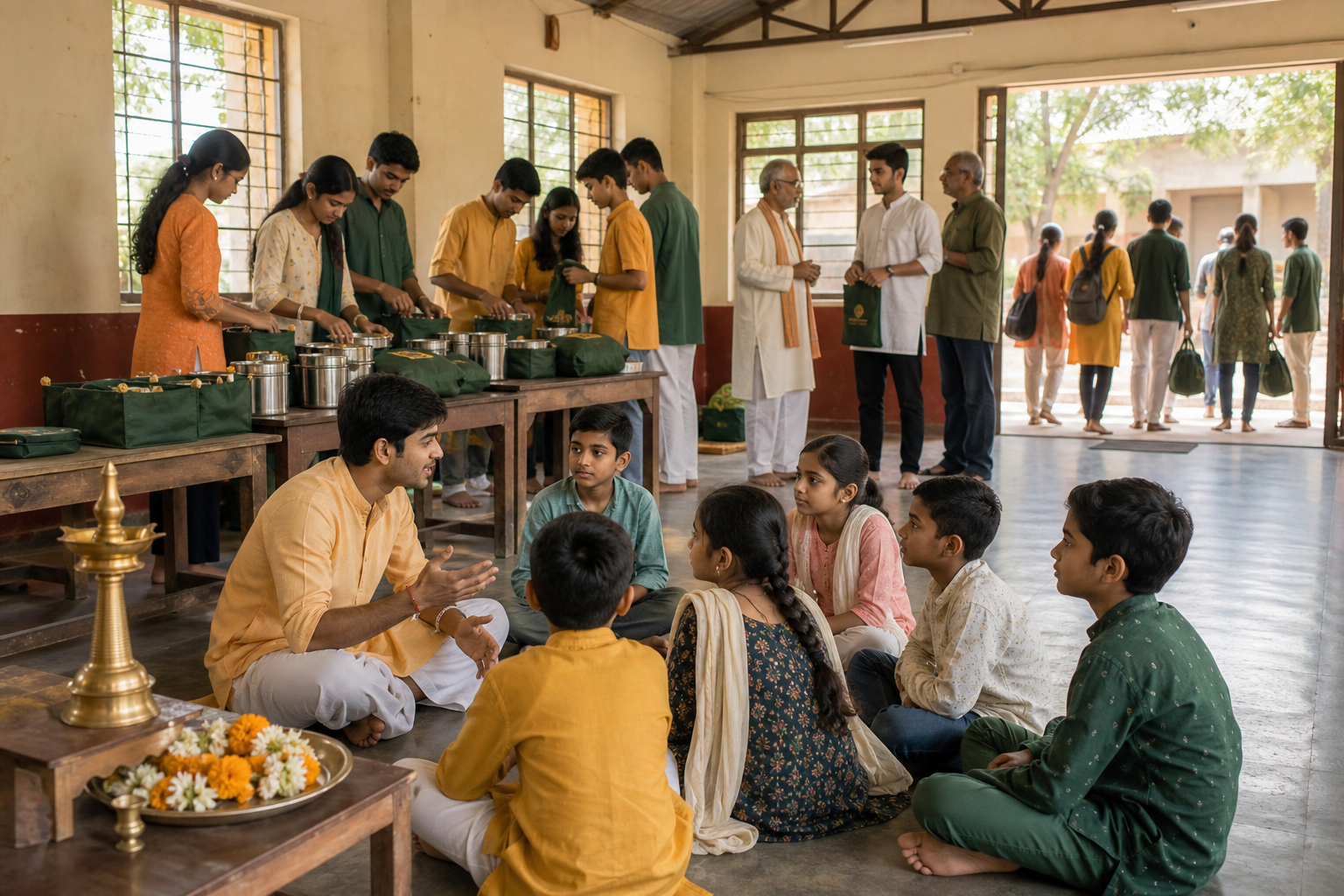 Children learn in a circle while teenagers prepare service packages and a young adult coordinates volunteers in the same community hall.