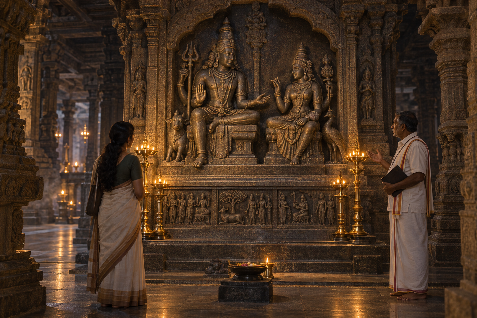 A temple visitor studies the posture, gestures, attributes, setting, and narrative carvings of a paired-deity sculpture by oil-lamp light.