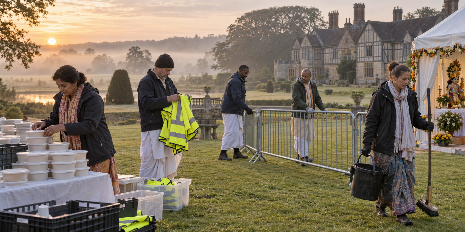 Volunteers organize food-service, crowd-guidance, and cleaning supplies outside a historic English manor before a festival.