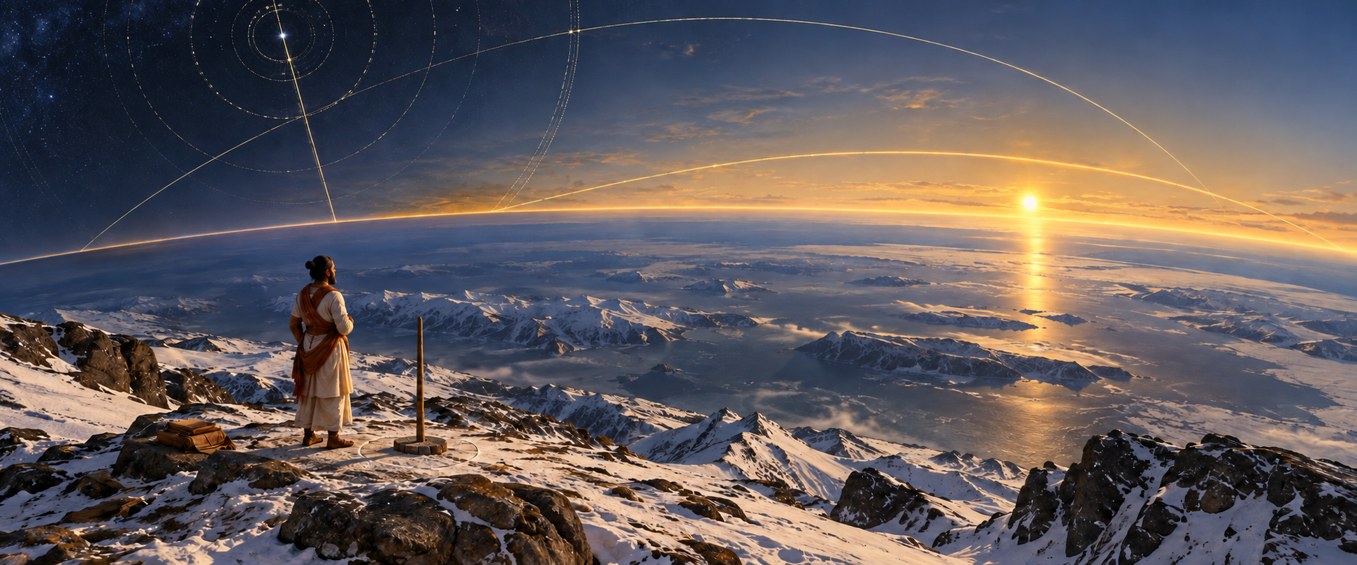 An observer on a snowy northern landscape watches the Sun remain above the horizon while golden and blue arcs suggest Earth's tilt and the boundary between day and night.