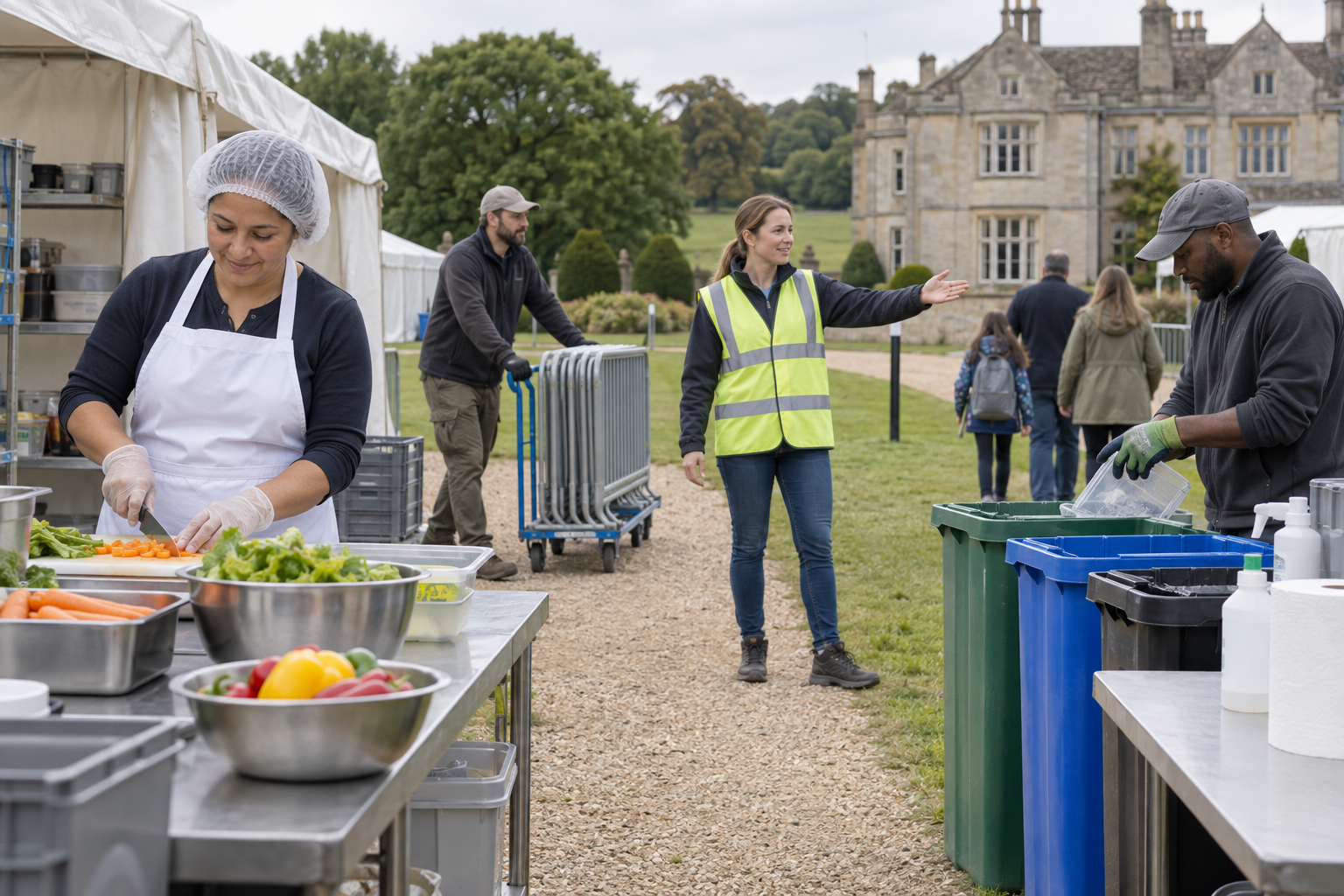 Festival volunteers prepare for different roles, including food service, crowd guidance, equipment handling, and waste sorting.