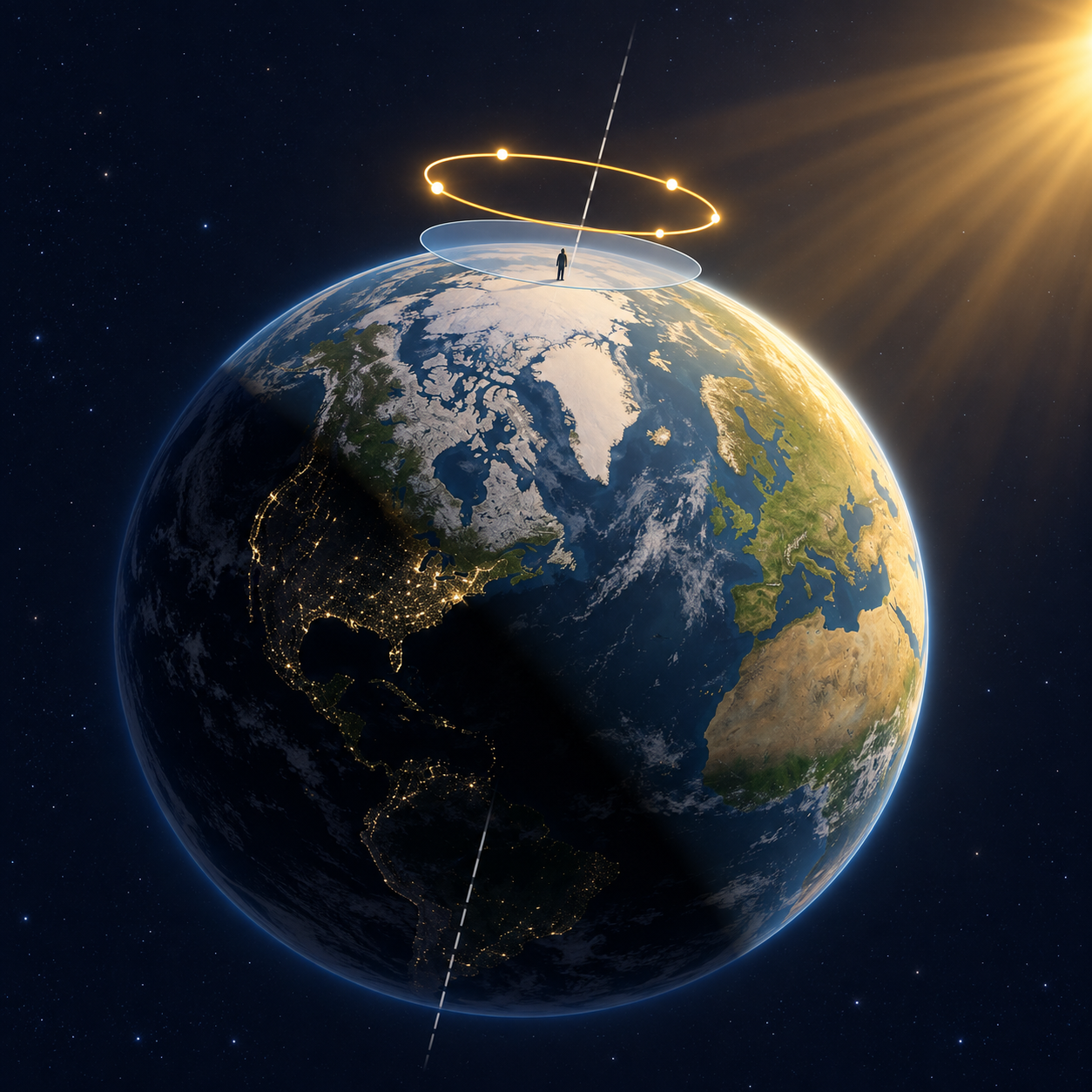 A tilted globe is lit from one side, with an observer near the North Pole and a circular solar path staying above the observer's horizon.