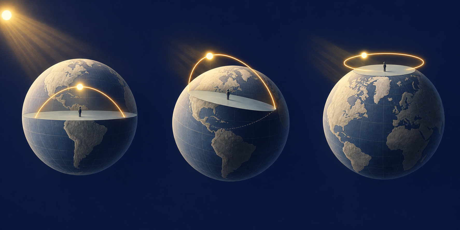 Three illuminated globes compare solar paths at the equator, a middle latitude, and the polar region, where the final path remains above the horizon.