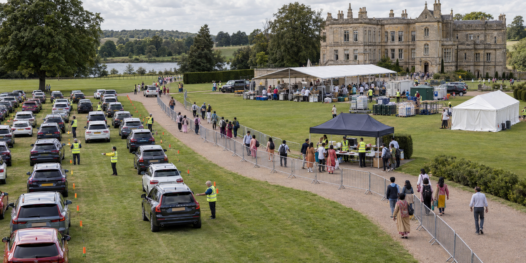An organized festival site with parking volunteers, separated walking routes, welcome points, food-service areas, and staged supplies.