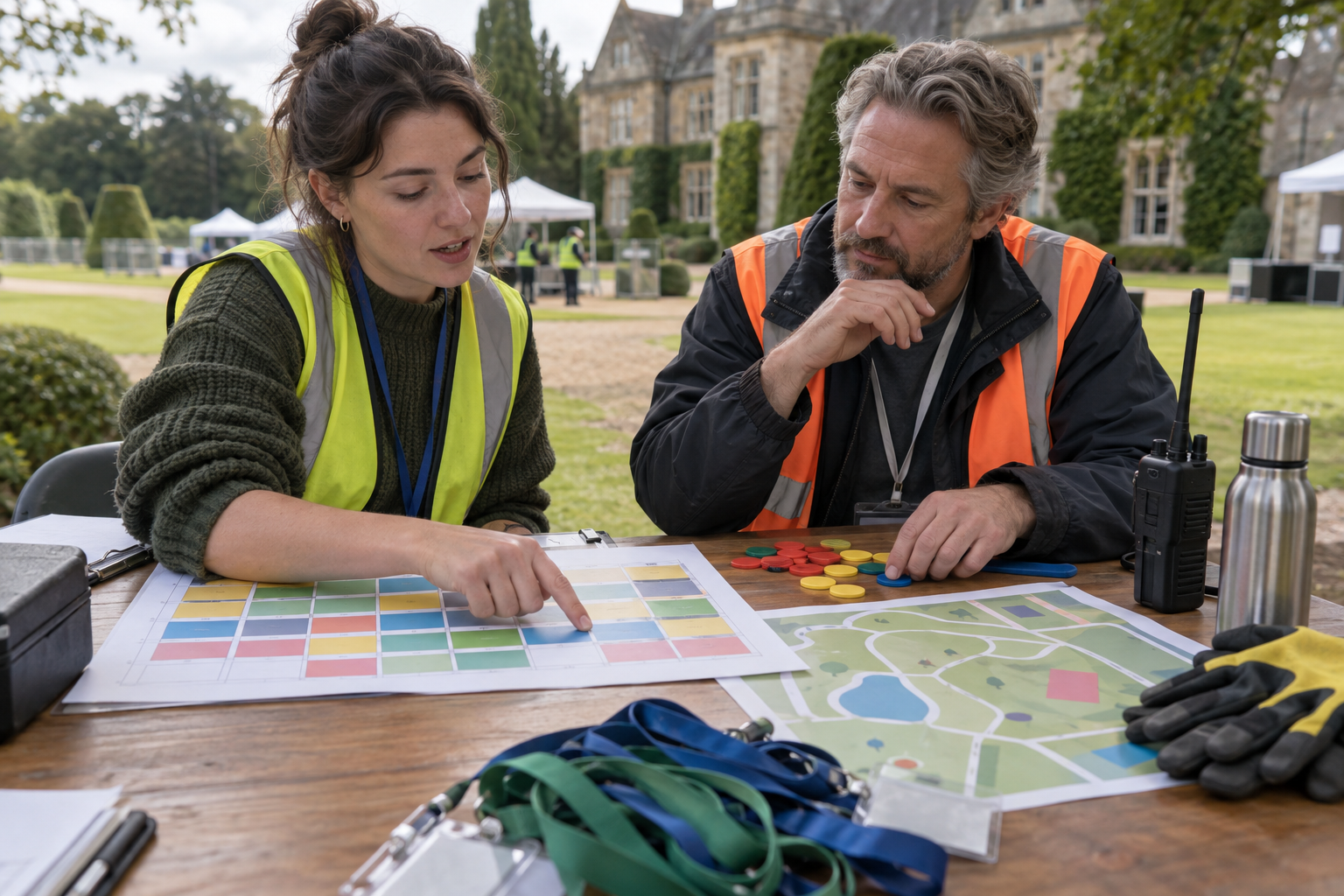 A volunteer discusses availability with a festival coordinator at an outdoor table with scheduling tokens and operational equipment.