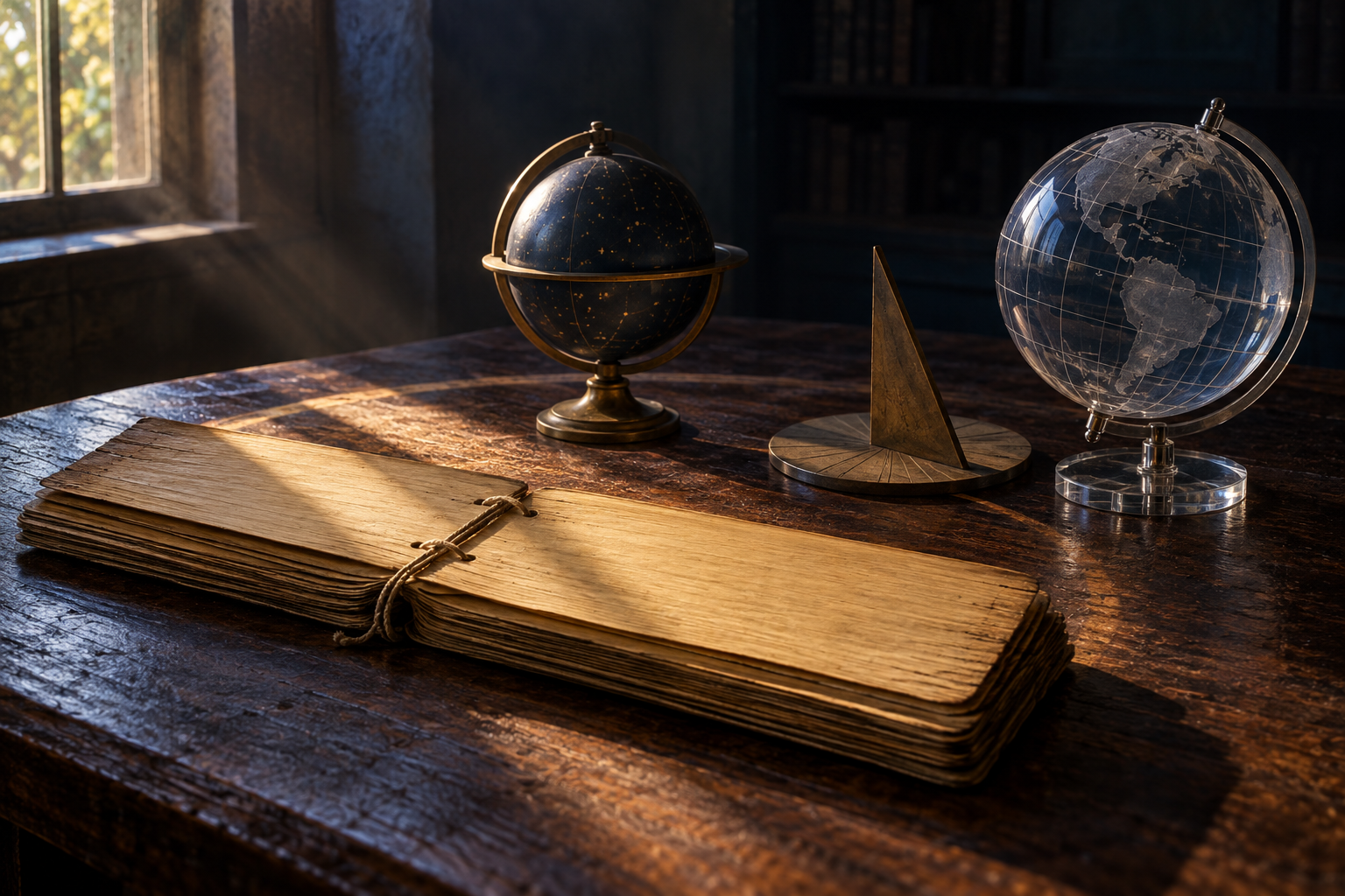 A blank palm-leaf manuscript lies beside a celestial sphere, a gnomon, and a transparent globe on a study table illuminated by warm light.