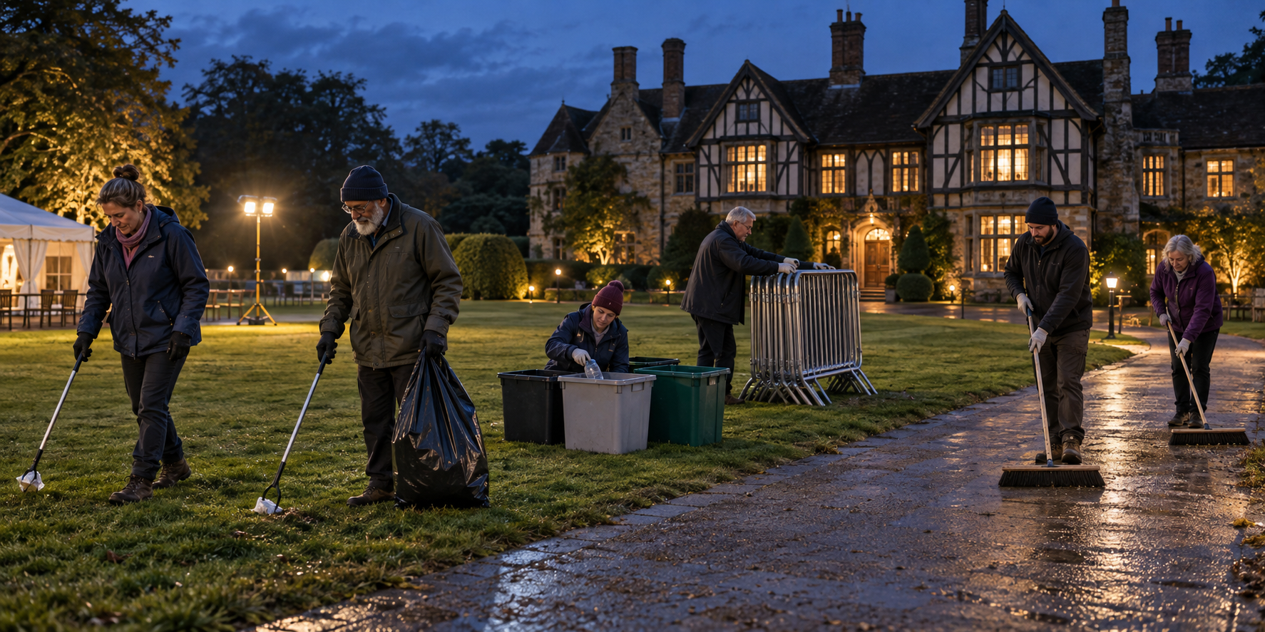 Volunteers collect litter, sort recycling, fold barriers, and sweep the manor grounds after festival visitors have departed.