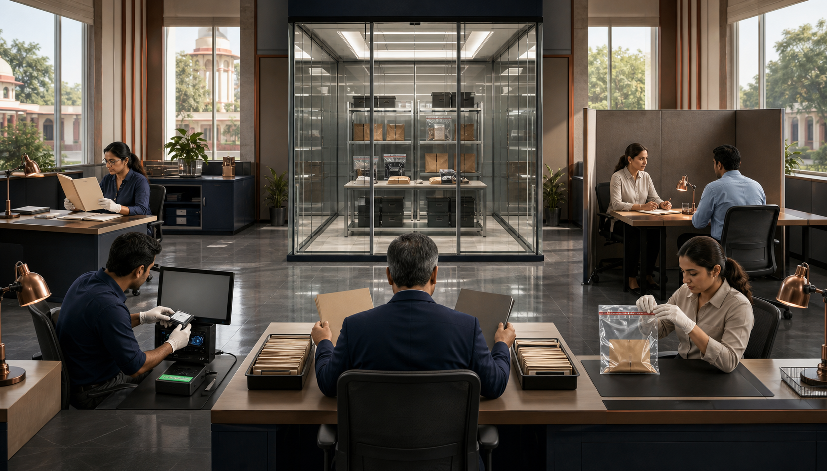 Five investigation work areas surround a transparent evidence chamber, with reviewers handling files, recordings, interviews, and physical evidence.
