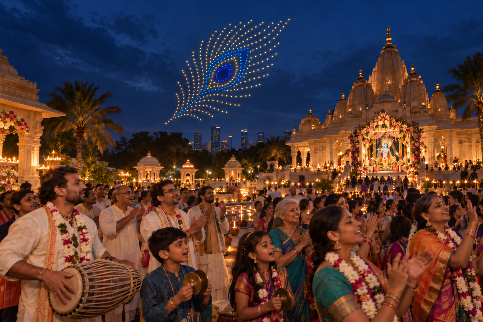 Devotees sing and play instruments during an evening Janmashtami celebration while 200 illuminated drones form a peacock-feather shape above the temple grounds.