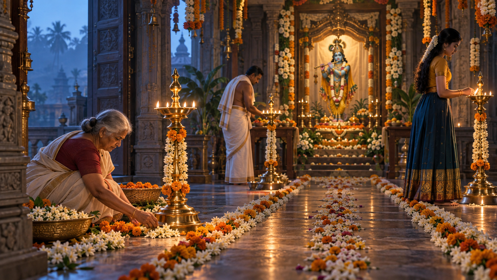 Three generations of devotees prepare a flower-lined temple hall beside three ceremonial lamps, with a decorated Krishna altar in the background.