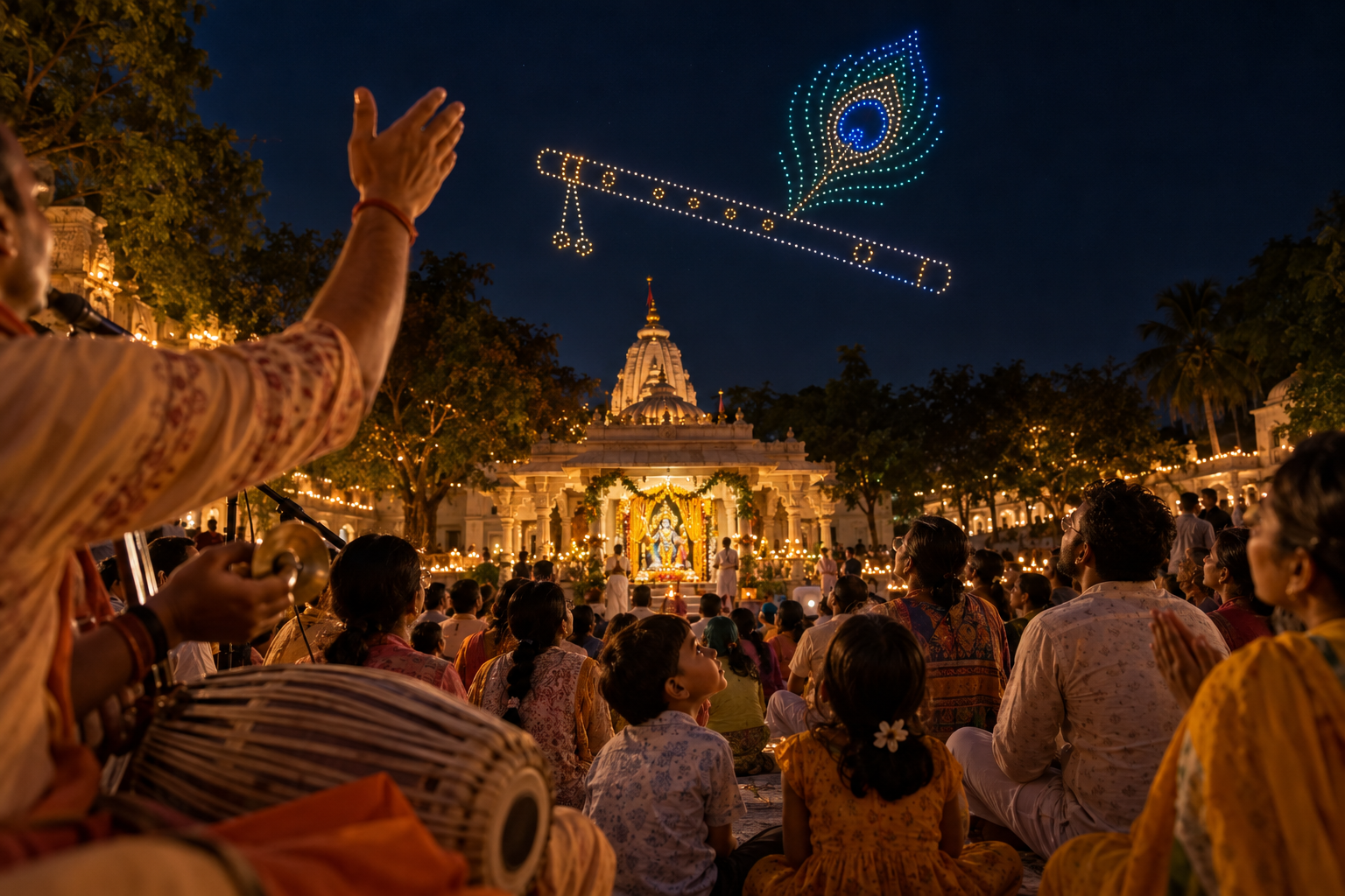 Families watch drones form a flute and peacock-feather design above a temple pavilion as musicians continue the Janmashtami kirtan below.