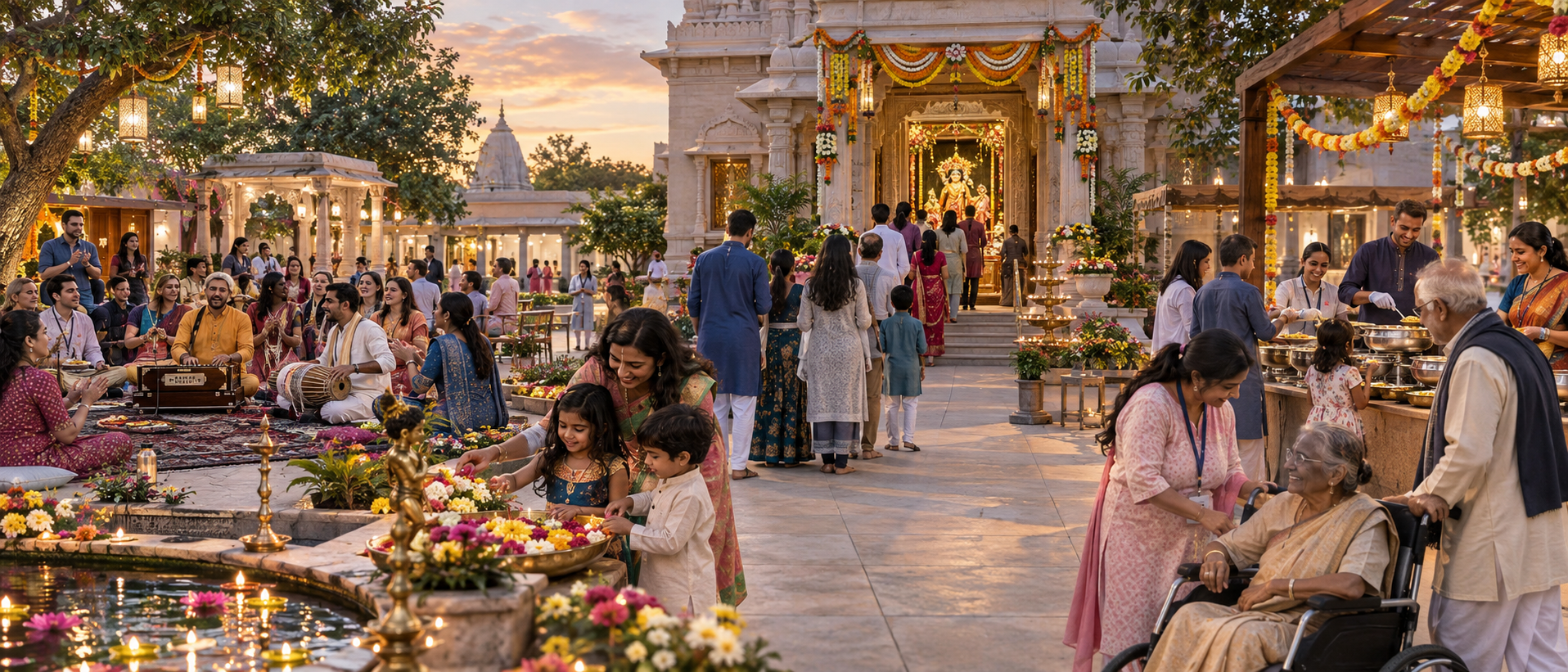 A temple courtyard offers kirtan, a darshan queue, prasada service, children's flower activities and volunteer assistance during Janmashtami.
