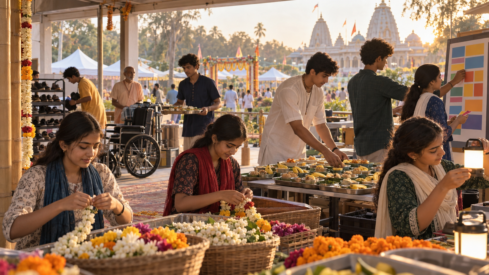 Young volunteers prepare flower garlands, prasada trays, lanterns and visitor supplies in a temple service pavilion at sunrise.