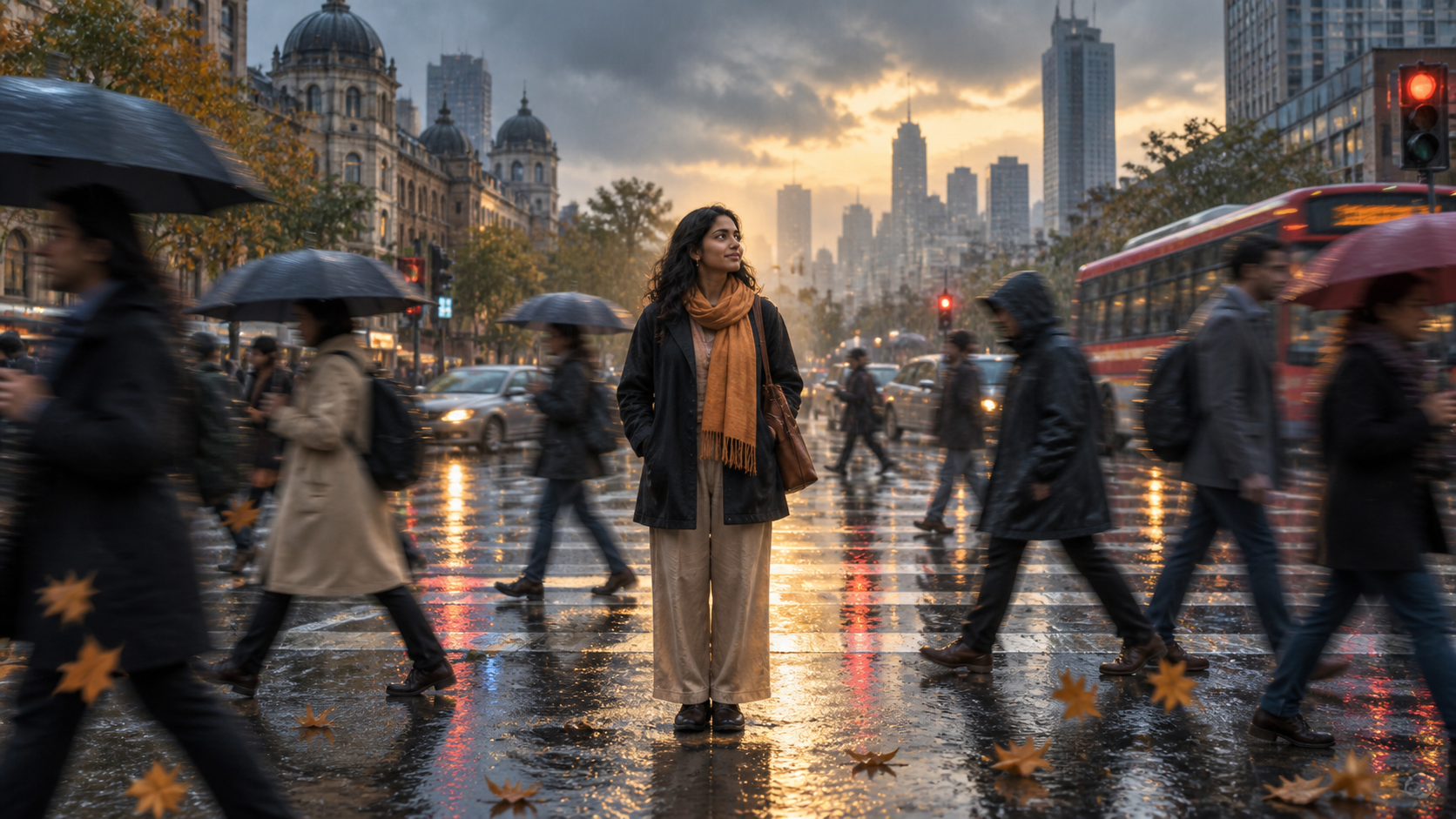 A calm person stands in sharp focus at a busy city intersection as pedestrians, leaves, rain, and clouds blur with motion around them.