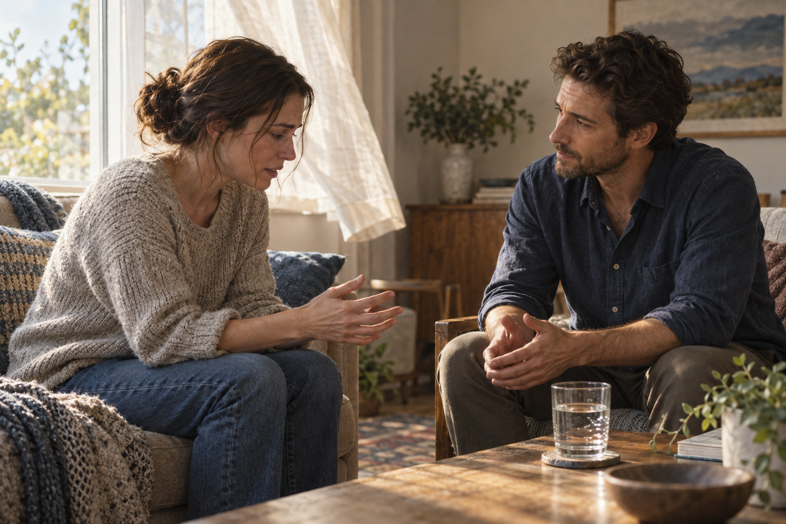 Two adults have an emotionally charged conversation while one listens with open hands and steady eye contact in a sunlit room.