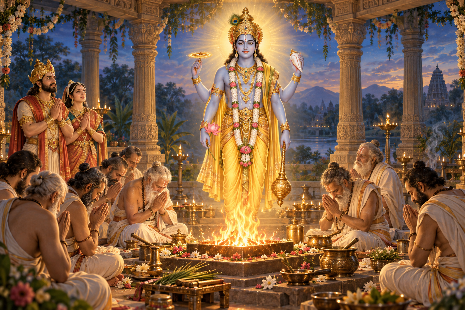 Bhagavan Vishnu appears beside King Nabhi's sacrificial fire as the king, queen, and priests bow with folded palms.