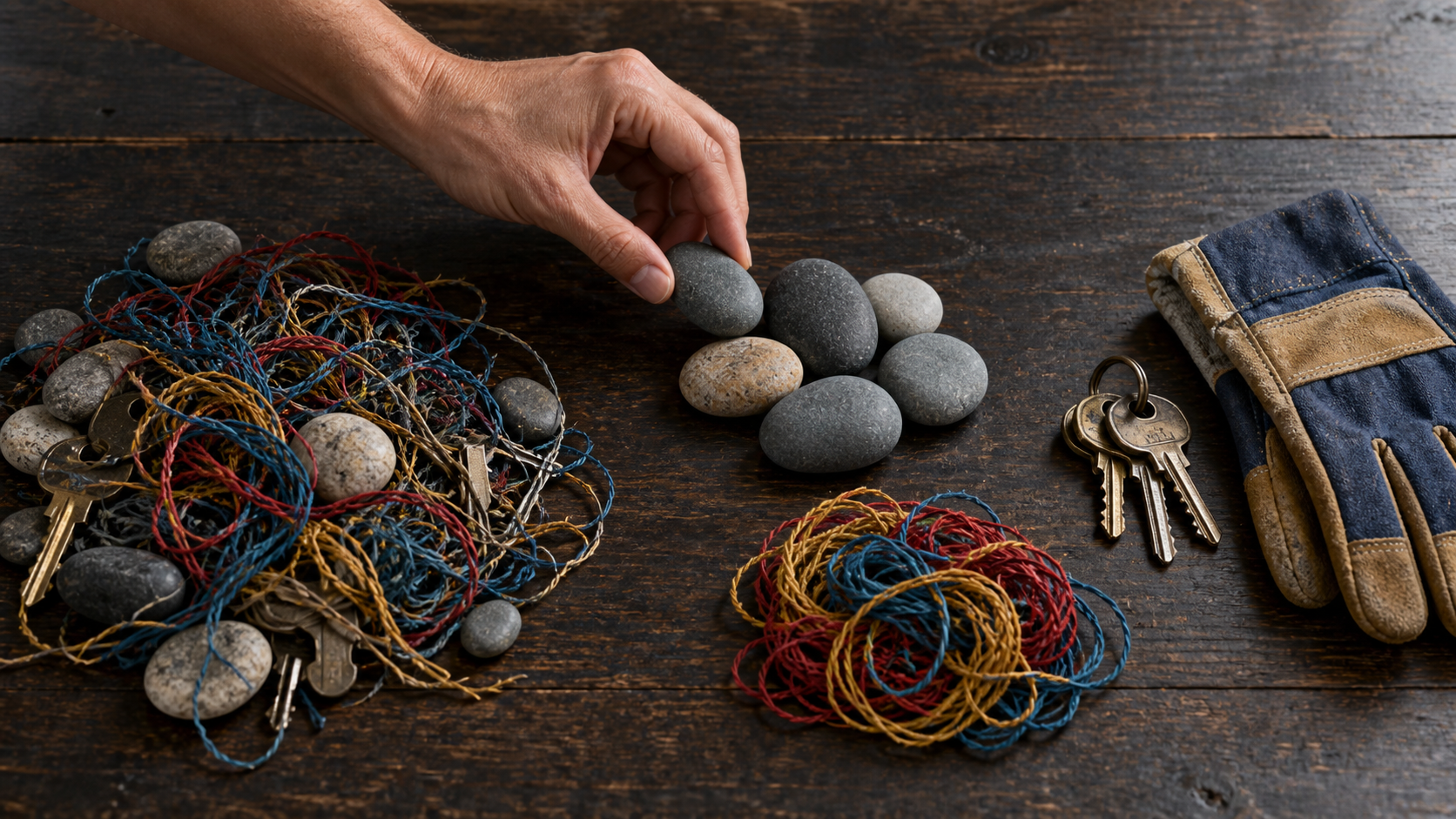 A hand sorts a mixed pile into separate groups of smooth stones, tangled threads, and practical keys with a work glove on a wooden table.