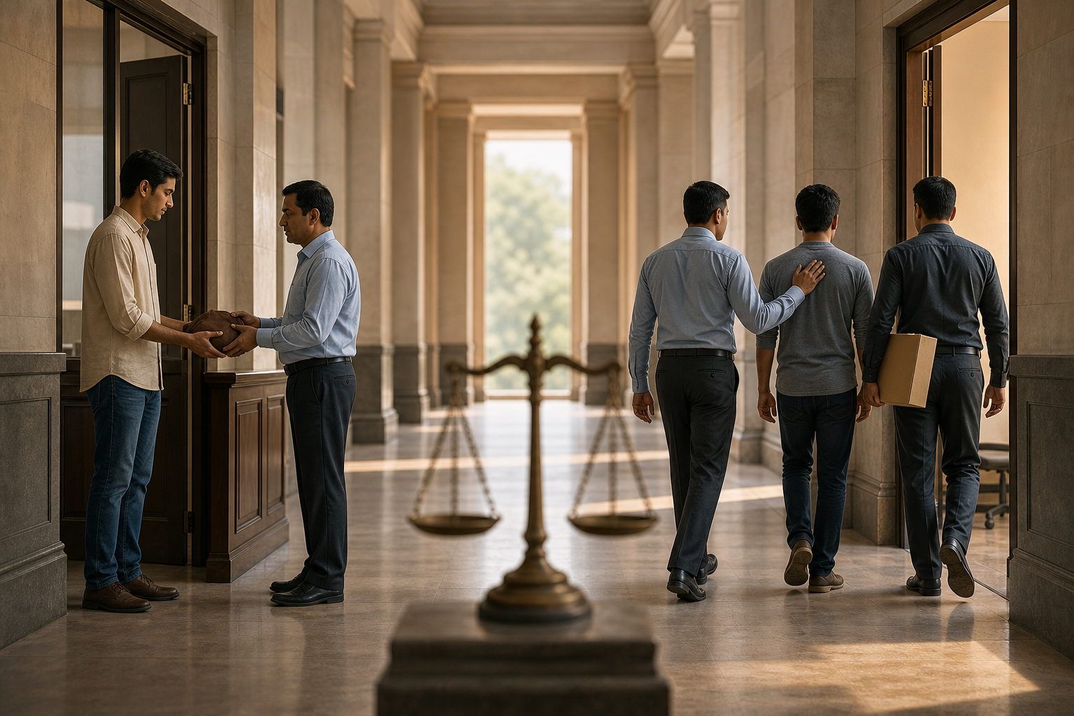 A cleared young man leaves an administrative checkpoint while investigators escort another person toward an interview room with sealed evidence.