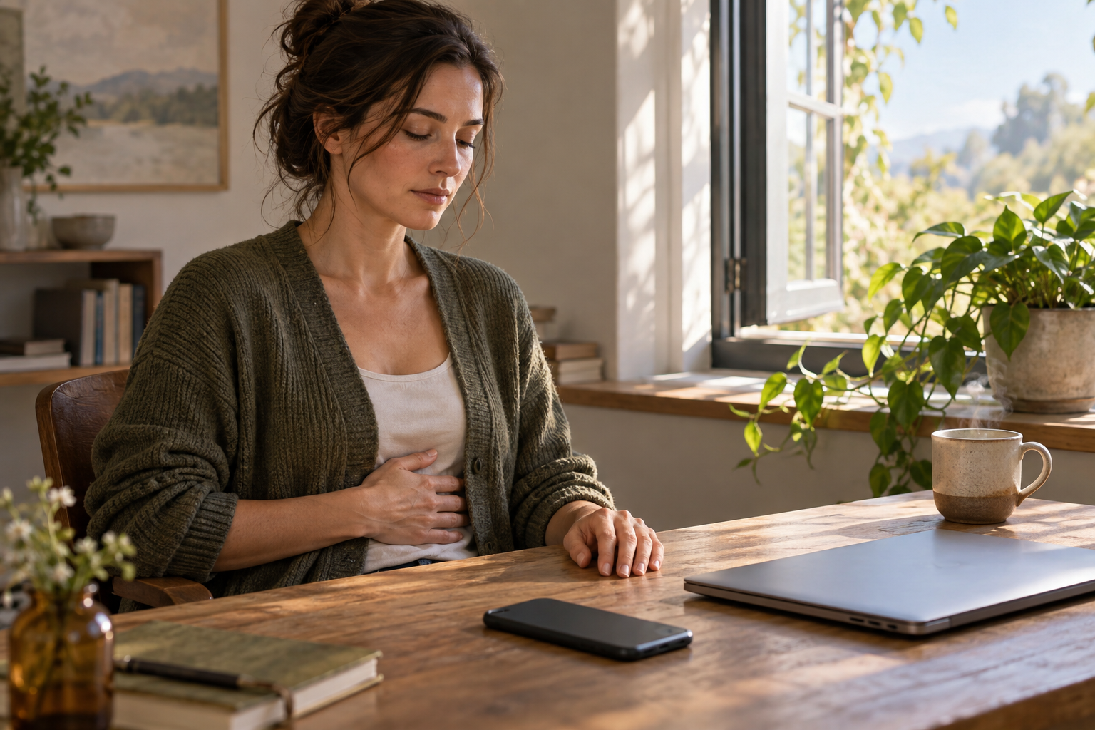 A person pauses to breathe at a desk with a smartphone placed face down beside a closed laptop and a steaming cup.