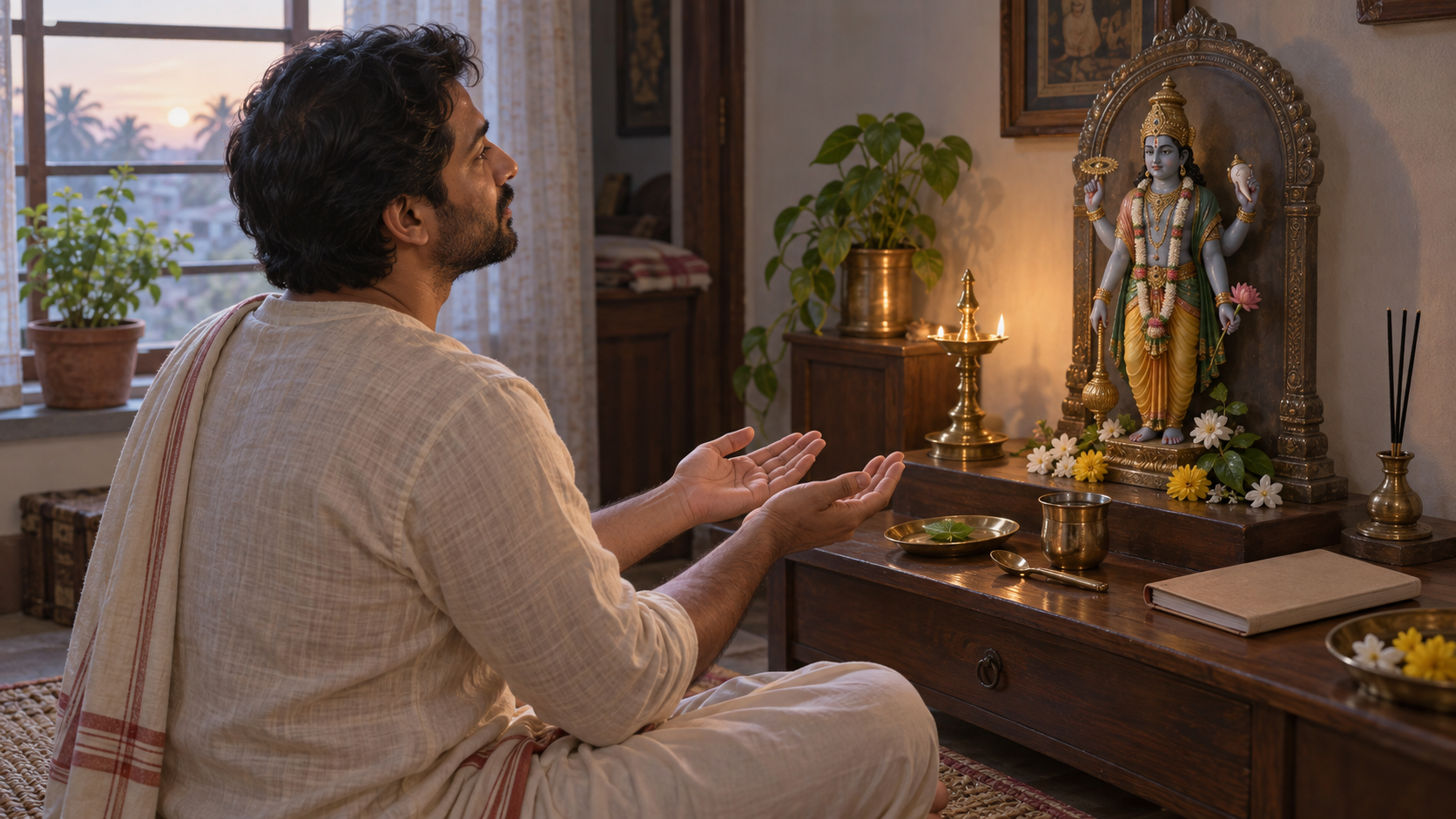 A devotee sits before a home shrine with open palms, offering a tulasi leaf and water to a Vishnu murti.