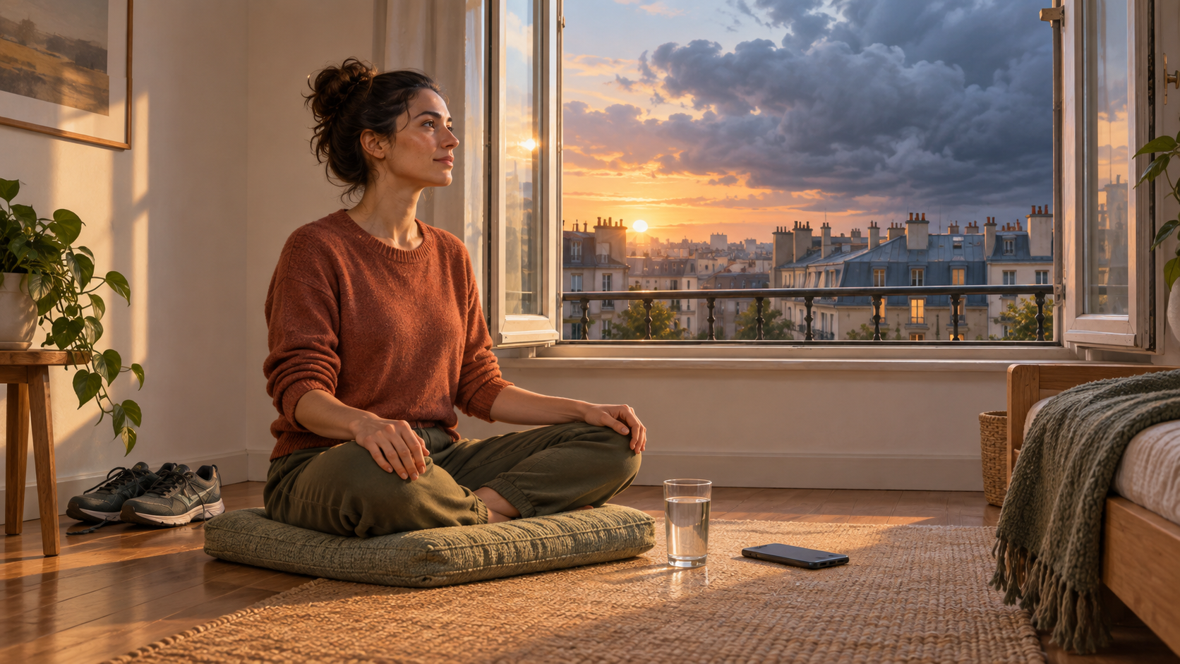 A person sits quietly on a cushion at dawn beside walking shoes, water, and a face-down phone as storm clouds gather beyond an open window.