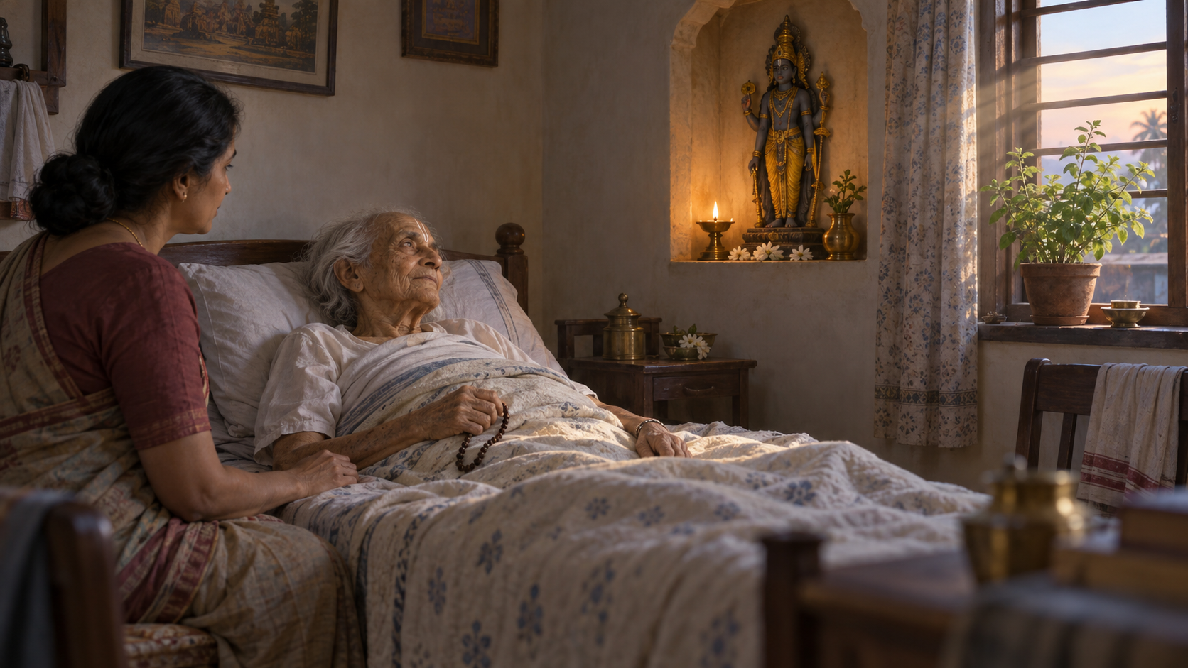 An elderly devotee resting in bed looks toward a Vishnu shrine while holding prayer beads beside a seated family member.