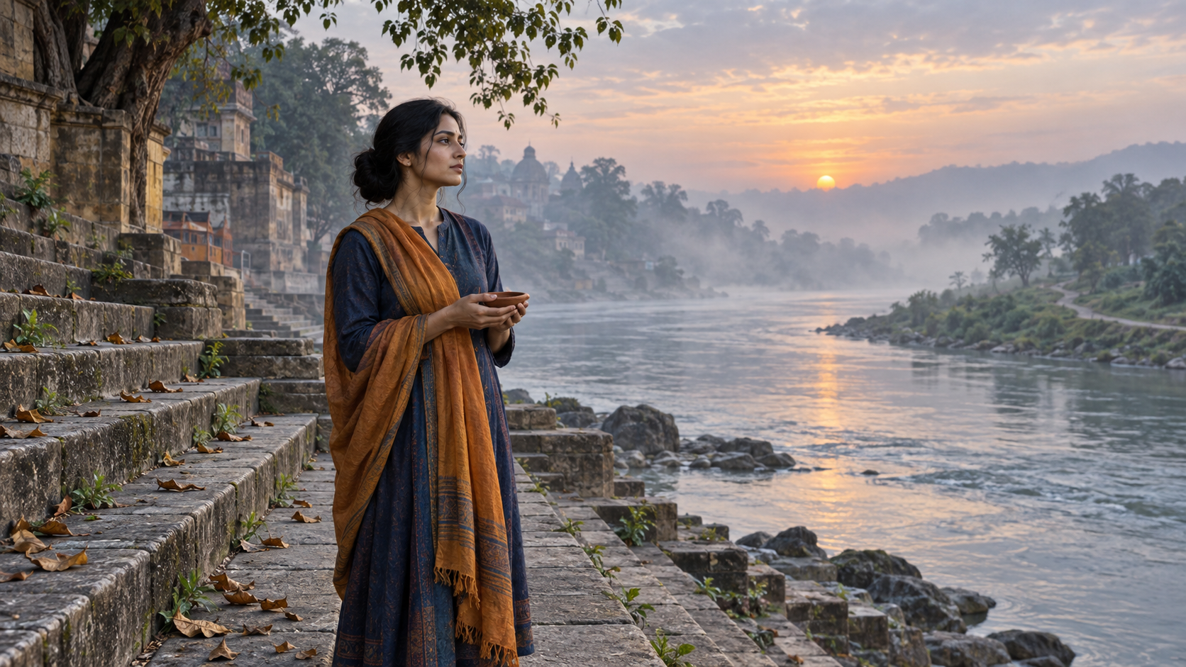 A person holding a clay oil lamp stands on stone steps beside a flowing river as dry leaves blow past and green shoots grow between the stones.