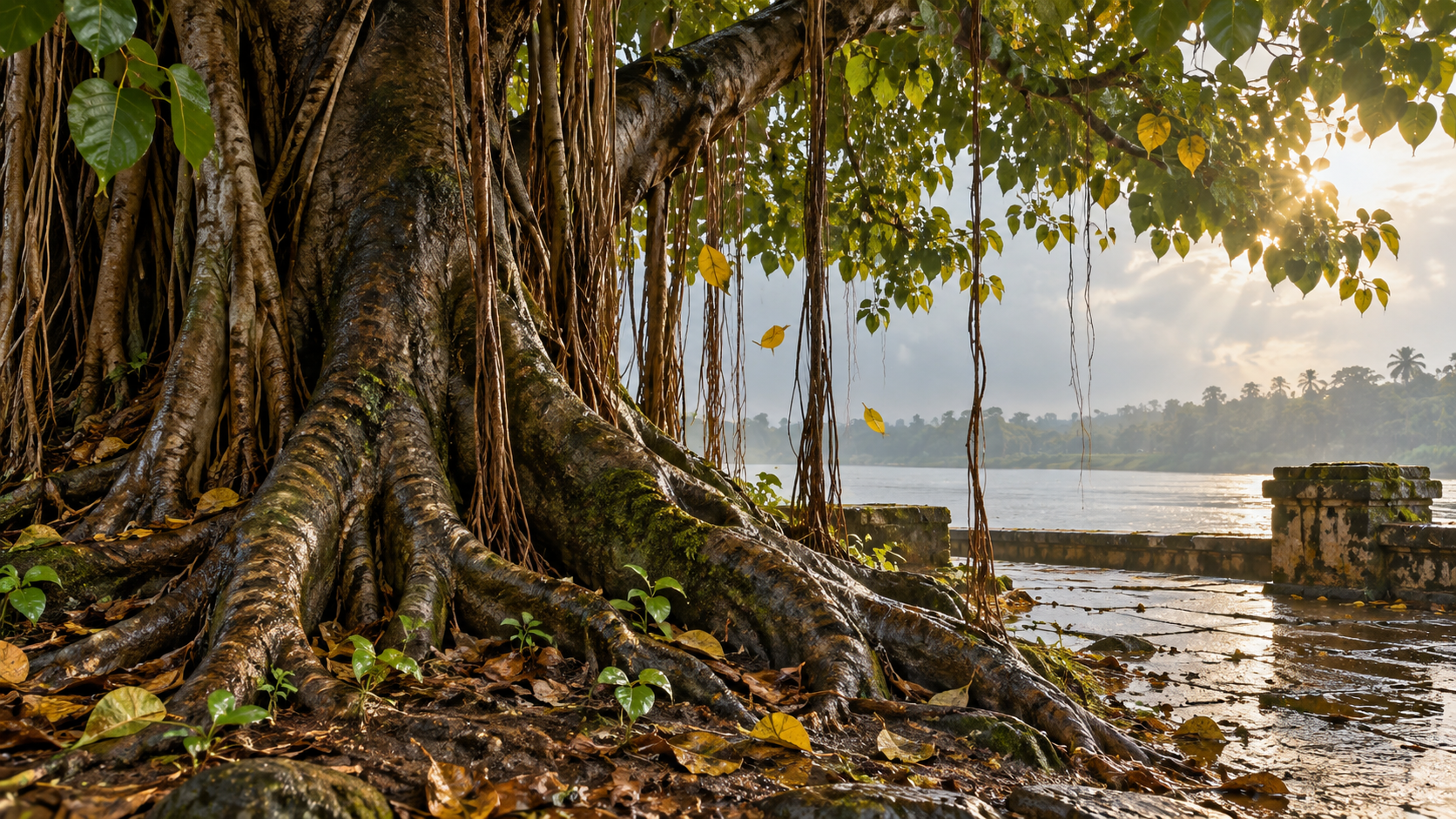 An old banyan tree has green and yellow leaves, hanging roots, fallen leaves, and small seedlings beside a moving river.