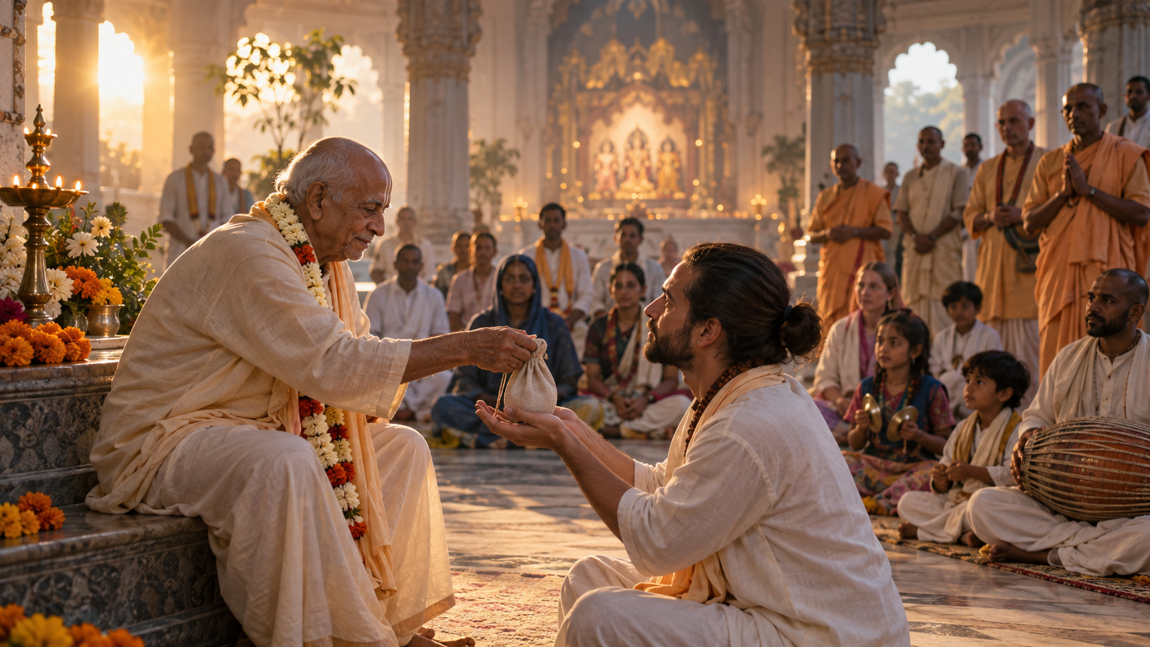 An older devotee passes a cloth bead bag to a younger devotee as families and monks gather in a sunlit temple hall.