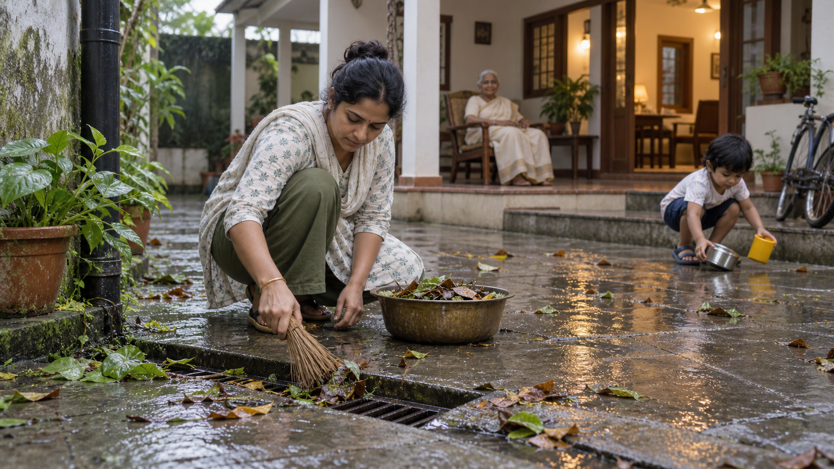 An adult clears leaves from a courtyard drain after rain while an older person sits under a veranda and a child gathers scattered items.