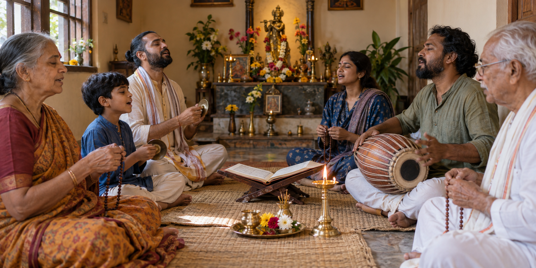 A multigenerational group chants with prayer beads, hand cymbals, and a drum beside an open sacred book and a brass lamp.