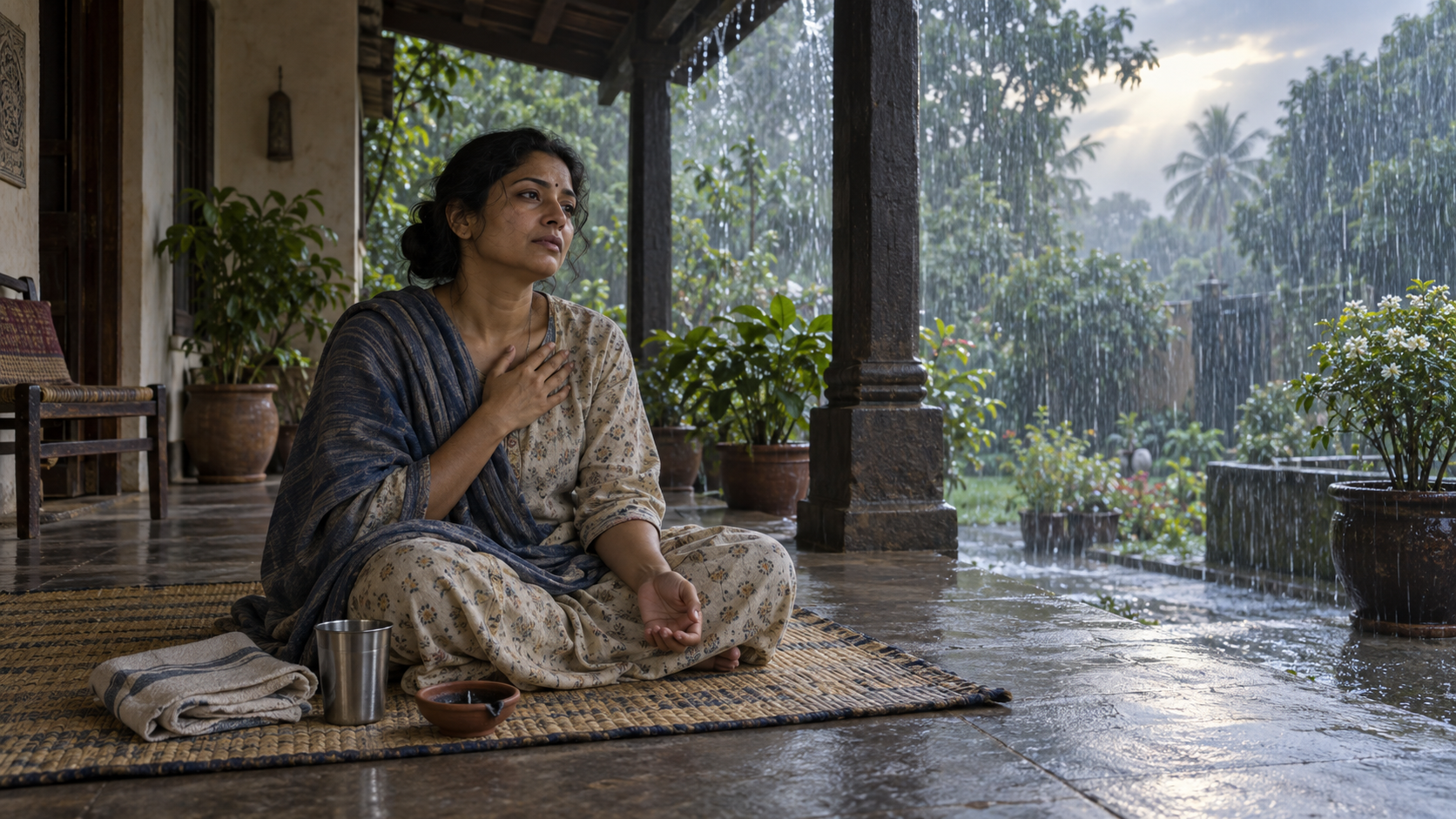 A seated person rests one hand on their chest on a shaded veranda while rain falls in the garden beside a cup, folded cloth, and clay lamp.