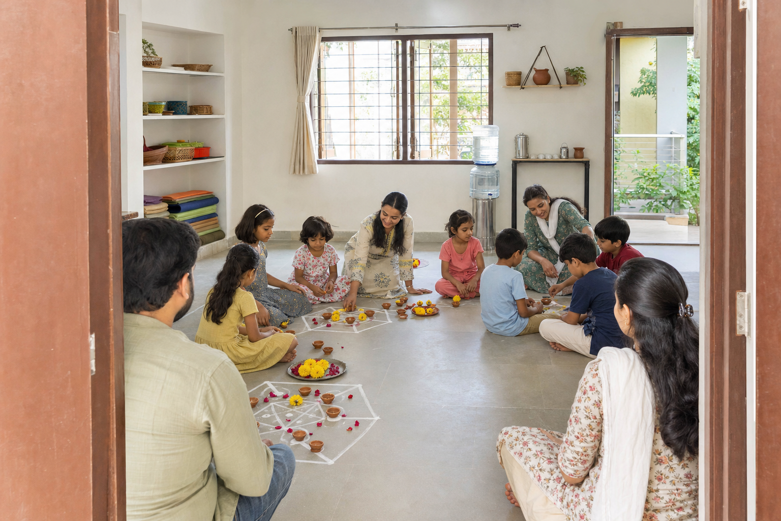 Two adult facilitators supervise children doing a cultural craft in a clean, sunlit classroom as parents observe from the doorway.