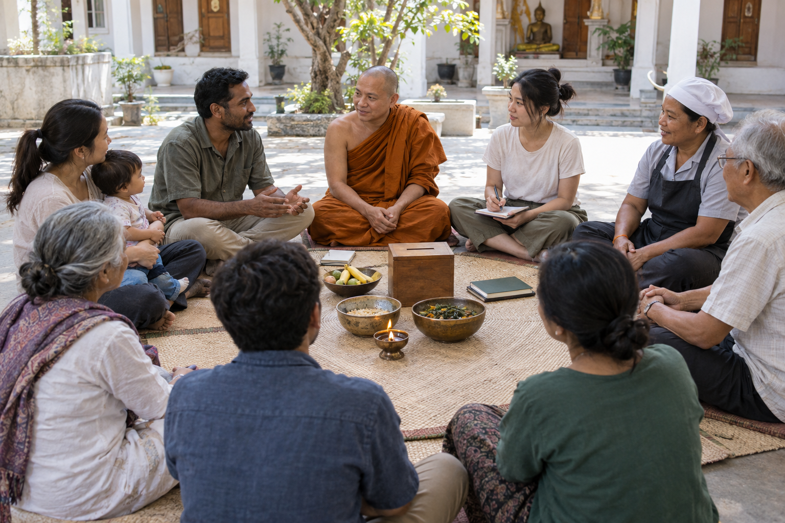Devotees, volunteers, a parent, and a community food worker sit in a circle for a discussion in a temple courtyard.