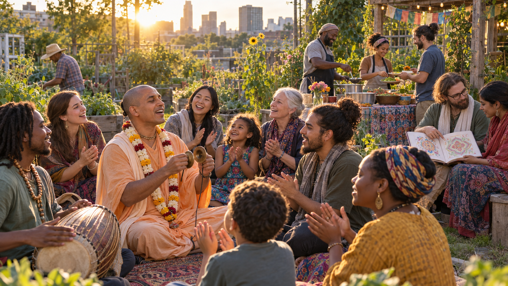 Devotees and neighbors chant with hand cymbals and share a vegetarian meal in a sunlit community garden.