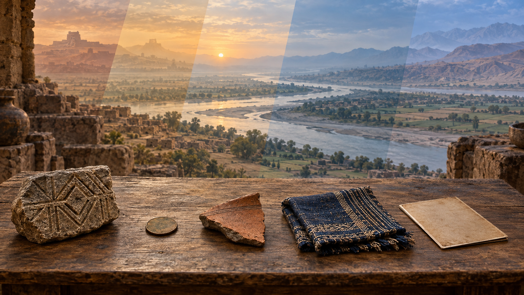 Ancient artifacts, regional textile, and a face-down family photograph rest in separate layers on a table overlooking the Indus River valley.