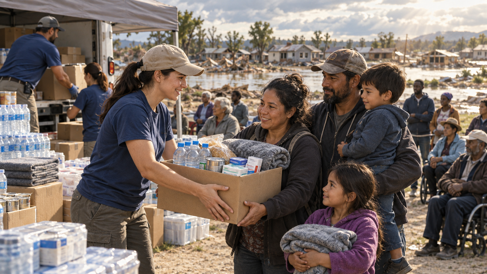 A volunteer gives food, water, medicine, and blankets to a flood-displaced family at an unbranded relief station.