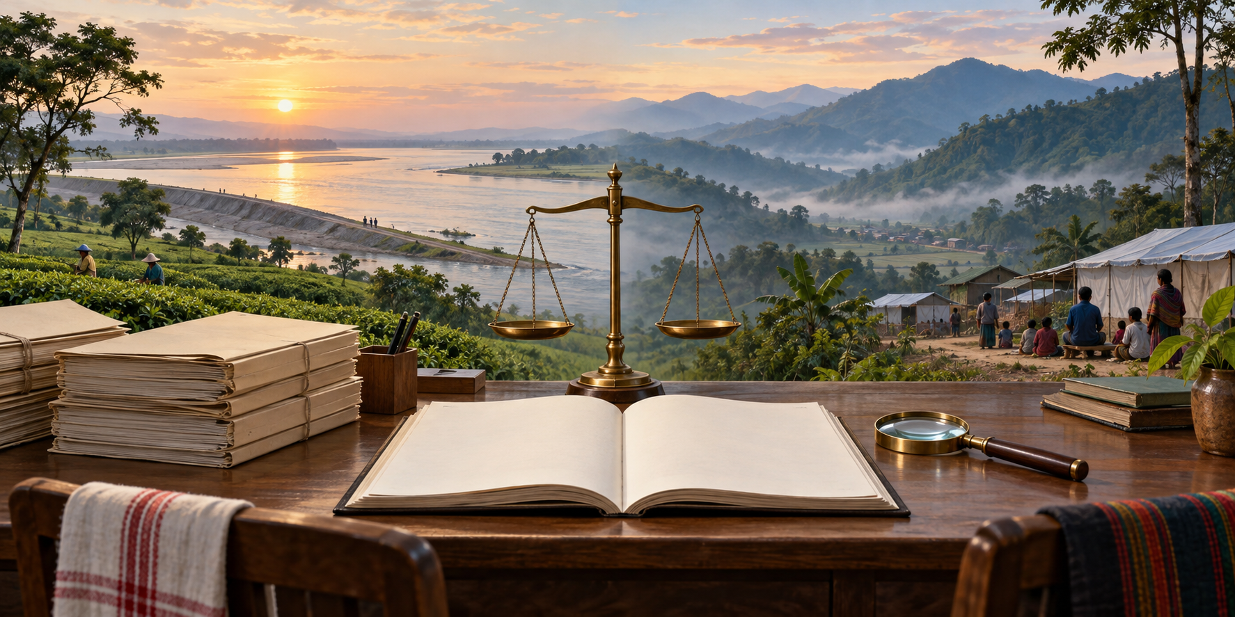 An open ledger, magnifying glass, and balanced scales sit between Assam's river plain and Manipur's forested hills, with an archive on one side and displaced families near a shelter on the other.