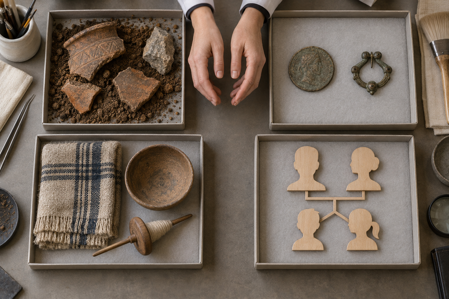 Four separate archival trays contain archaeological objects, political artifacts, cultural items, and wooden family silhouettes on a conservation table.