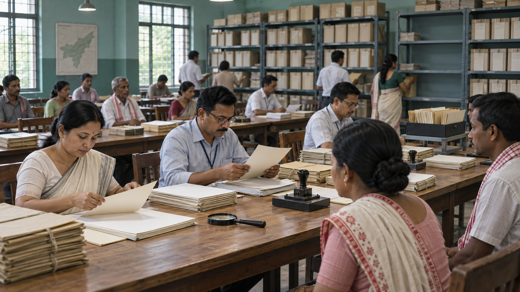 Residents and clerks sit at long tables in a records hall where blank forms, archival boxes, review trays, and an incomplete shelf suggest an unfinished verification process.