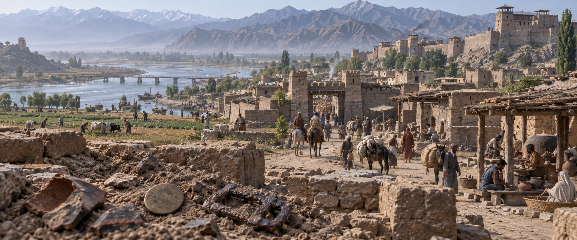 A reconstructed sixth-century river settlement with a fort, travelers, farmers, monks, and craftspeople appears behind excavated coins and pottery fragments.