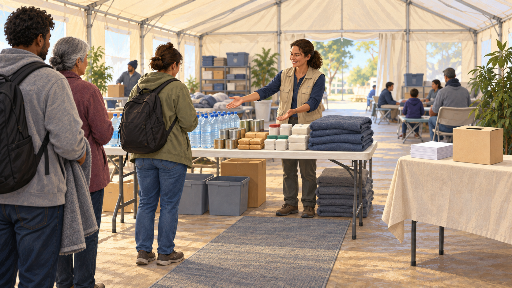 A relief worker freely offers supplies while blank pamphlets remain separate from the aid distribution path.
