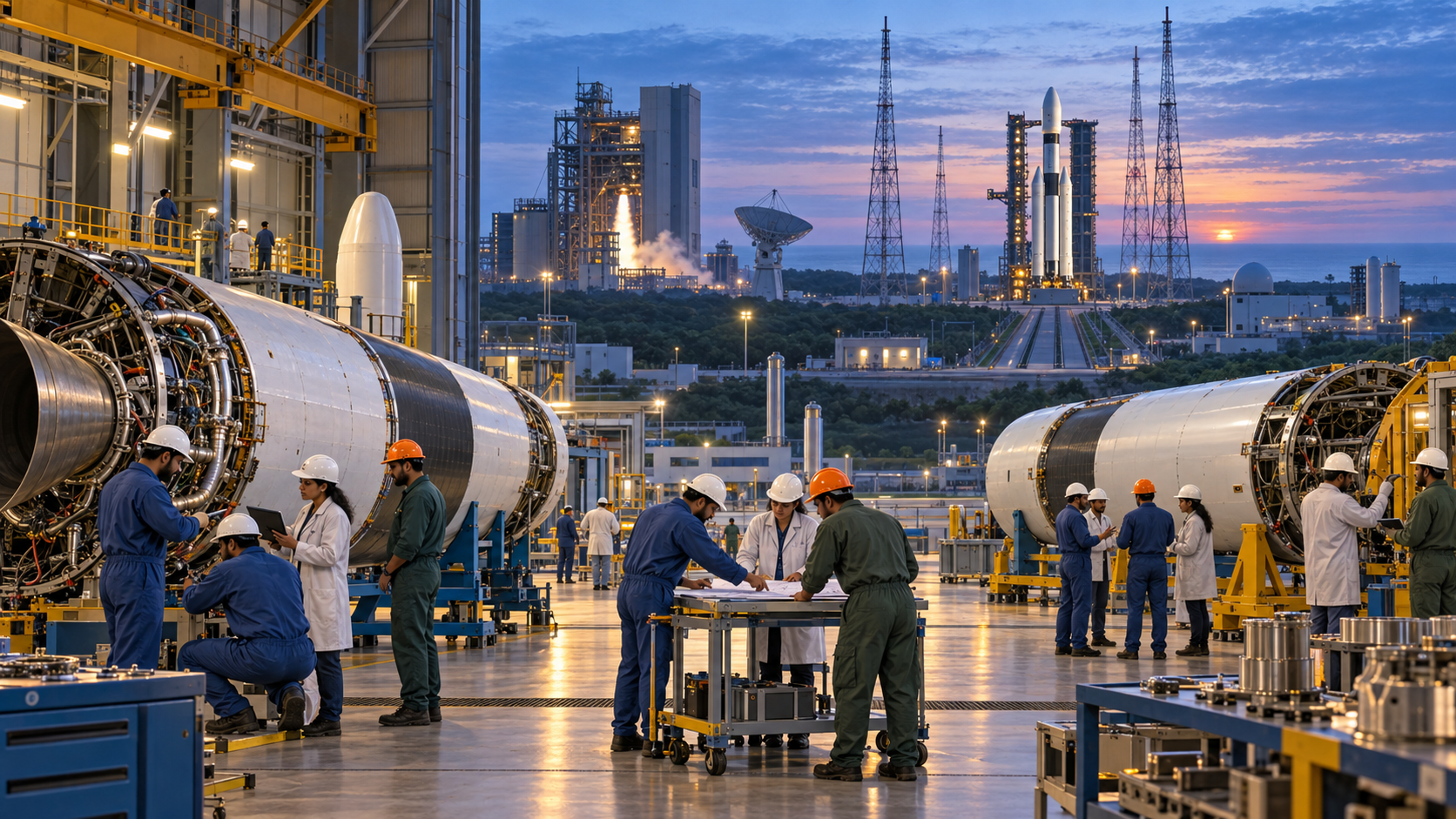 Engineers inspect unbranded rocket stages in an integration hall overlooking a launch vehicle at a coastal spaceport.