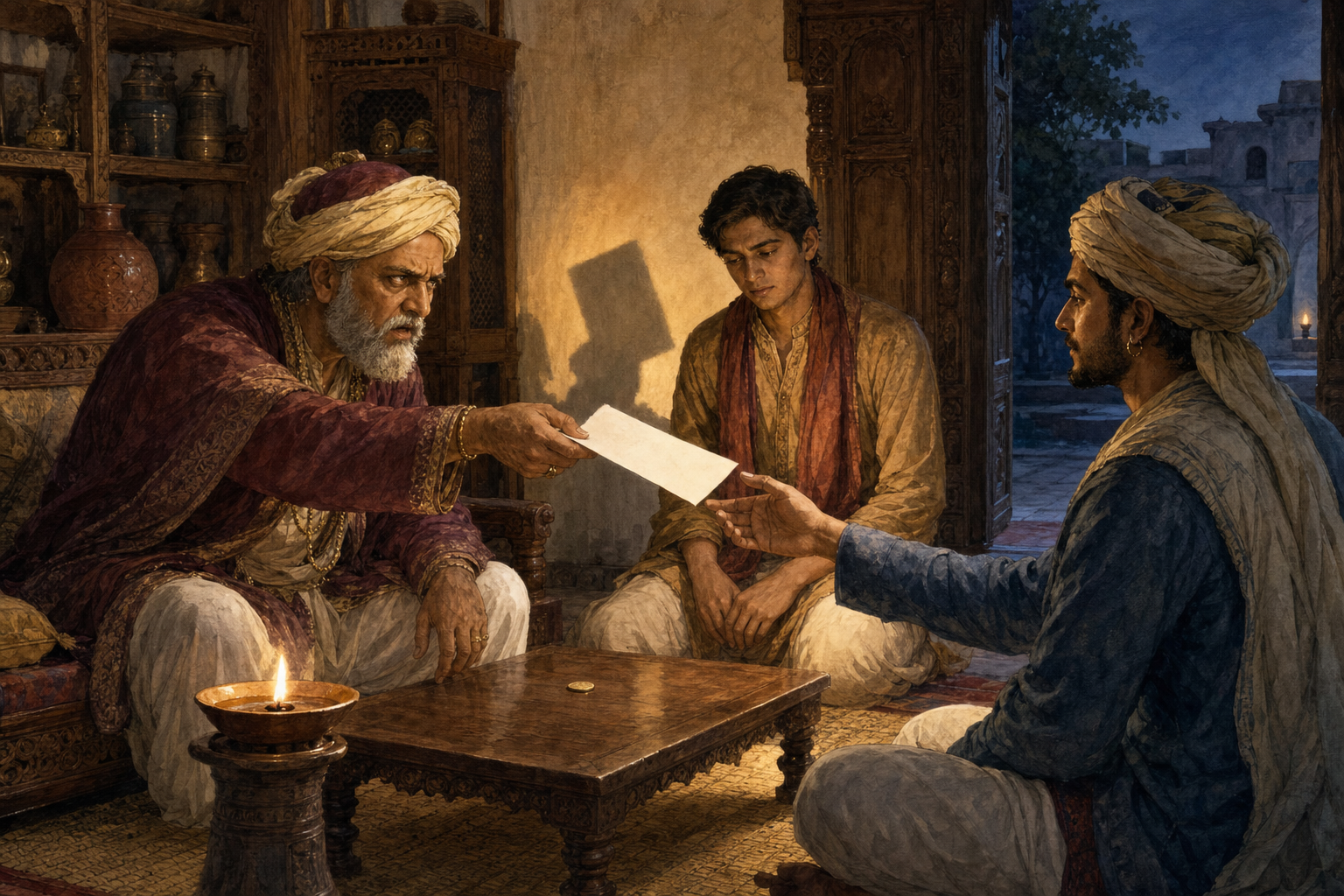 An older merchant returns a blank paper slip to a calm young seller while the merchant's son watches beside a coin and oil lamp.