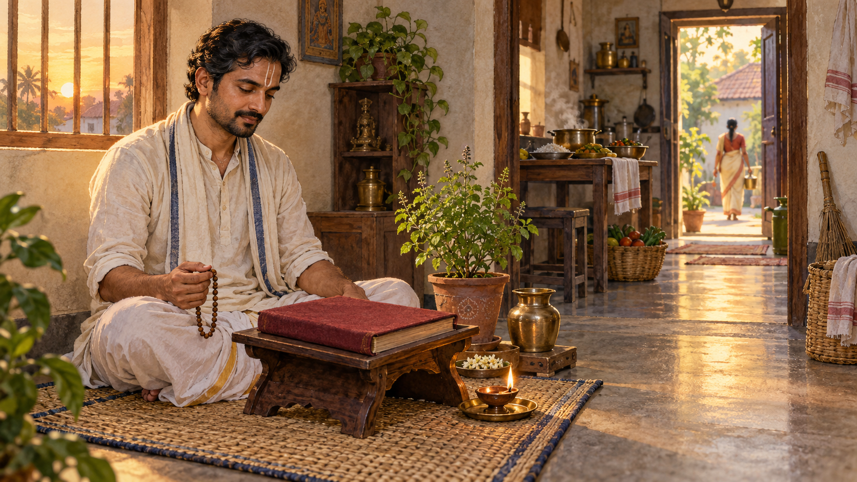 A householder at dawn sits beside a clothbound scripture, prayer beads, an oil lamp and a tulsi plant in a quiet home.